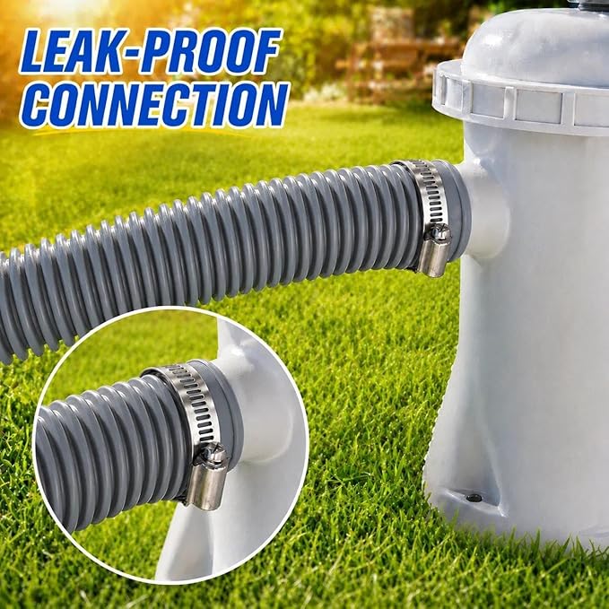Replacement Pool Hoses for Above Ground Pools 1 1/4, 59"" Long Filter Pump Hose, 1 Pack Pool Pump Hose with 2 Metal Clamps (Grey), Gray