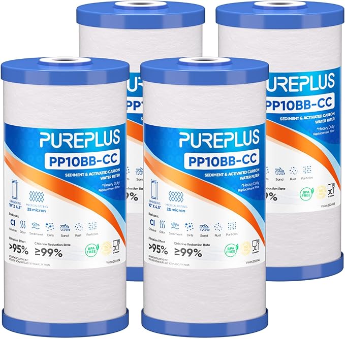 PUREPLUS 25 Micron 10" x 4.5" Whole House Sediment and Carbon Water Filter Replacement Cartridge for GE FXHTC, GXWH40L, GXWH35F, GNWH38S, Culligan RFC-BBSA, WRC25HD, PP10BB-CC, Pentek RFC-BB, 4Pack