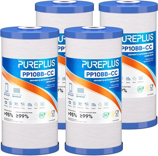 PUREPLUS 25 Micron 10" x 4.5" Whole House Sediment and Carbon Water Filter Replacement Cartridge for GE FXHTC, GXWH40L, GXWH35F, GNWH38S, Culligan RFC-BBSA, WRC25HD, PP10BB-CC, Pentek RFC-BB, 4Pack