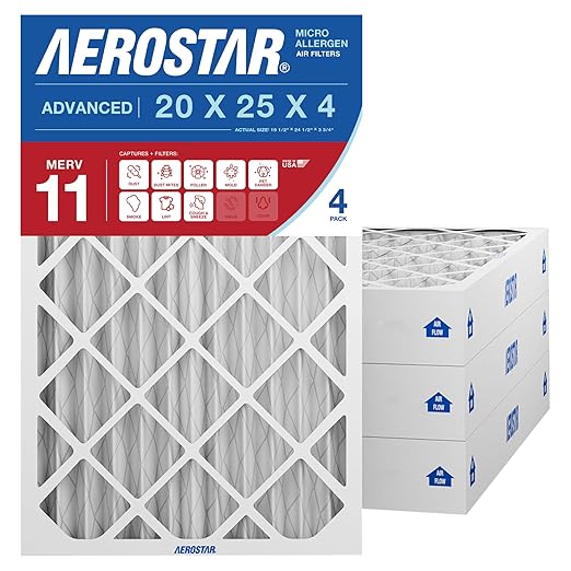 Aerostar 20x25x4 MERV 11 Air Filter, 4 Pack Set of HVAC Furnace Filters, Electrostatic MPR 1000-1200 & FPR 7 (Actual Size: 19 1/2 x 24 1/2 x 3 3/4 inches)