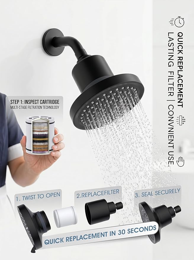 360 Degree Rotated Black Shower Head ＆ Filter COMBO ! Anti - Chlorine Hard Water Filtered Shower Heads 6Inch- 7 Sprays High Pressure Showerheads with 25 Stage Filtration for Adult and Baby