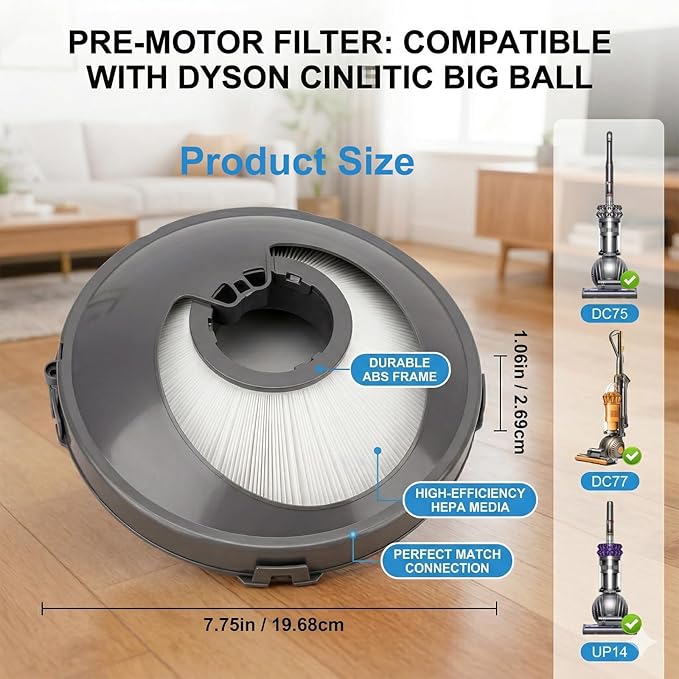 2 Pack Filter Replacement Compatible with Dyson Cinetic Big Ball DC77 DC75 UP14, Pre-Motor Filter 966516-01 966977-01, Washable Reusable Foam Dust Filter
