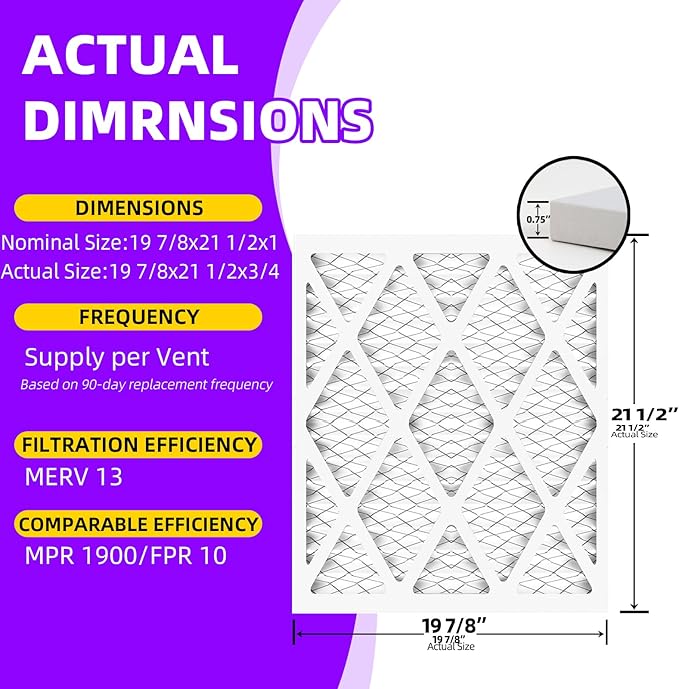 19 7/8x21 1/2x1 MERV 13 (6-Pack) Pleated Air Filter (Actual Size: 19 7/8"x21 1/2"x3/4") MPR 1900 & FPR 10, Furnace Air Filters, 19 7/8x21 1/2x1 air filter
