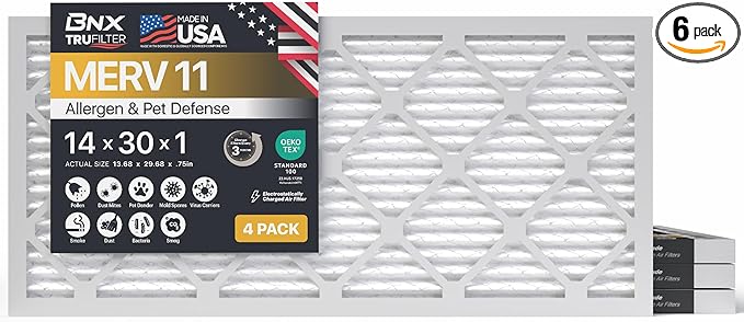 BNX TruFilter 14x30x1 Air Filter MERV 11 (6-Pack) - MADE IN USA - Allergen Defense Electrostatic Pleated Air Conditioner HVAC AC Furnace Filters for Allergies, Dust, Pet, Smoke, Allergy MPR 1200 FPR 7