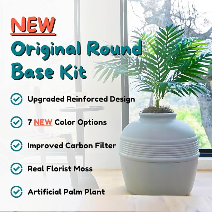 Good Pet Stuff Hidden Litter Box Planter, Decorative Cat Litter Enclosure with Carbon Filter & Faux Plant, Made in USA, Odor Control, Improved Design, NEW Round Style, Base Kit, Pebble Gray