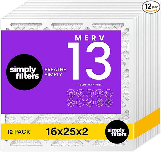 Simply 16x25x2 Air Filter, MERV 13, 12 Pack, Furnace Air Filter for HVAC (Actual Size: 15.5"x24.5"x1.75") DUST, Pet & Allergy Control