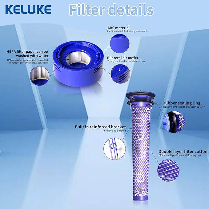 keluke Vacuum Filter Replacement Kit Compatible with Dyson V7, V8 Animal, V8 Absolute & SV10 Cordless Vacuum Cleaners, Replaces Part # 965661-01 & 967478-01 (8P)