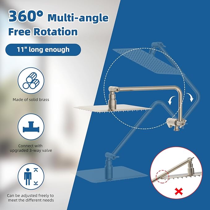 12" All Metal Shower Head, High Pressure 10-Spray Handheld Showerhead Rainfall Shower Head Combo with 11" Adjustable Shower Extension Arm, 71" Hose, Shower Head Holder, Brushed Nickel