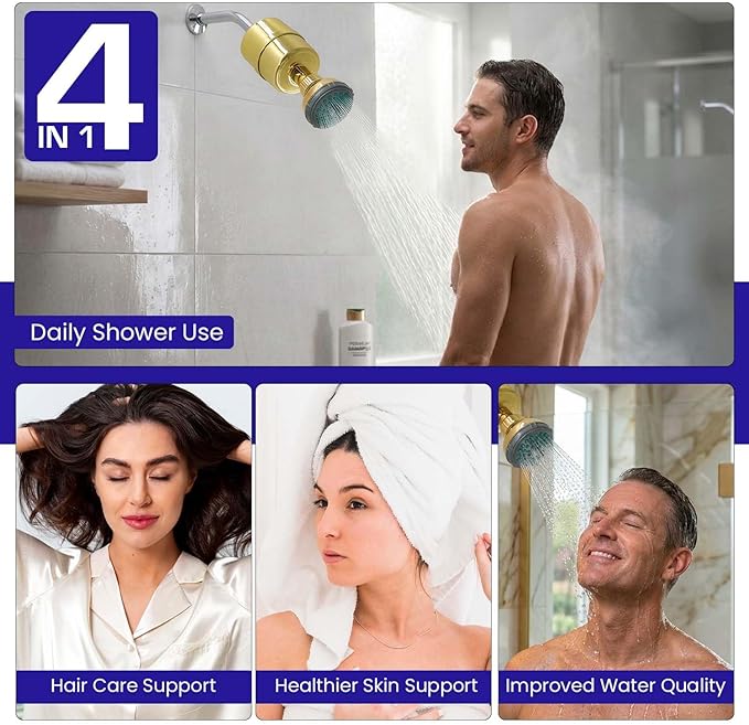 Crystal Quest Shower Filter with Head, Shower Head Filter for Hard Water, Shower Water Filter Removes Chlorine, chloramines & VOCs, Filter Shower Head, Improves Skin & Hair, Long-Lasting - Gold