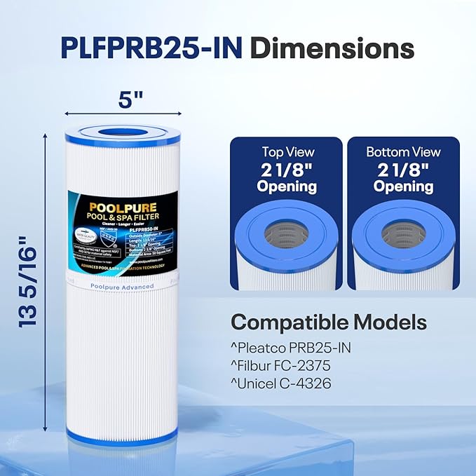 POOLPURE PRB25-IN Hot Tub Filter Replace Unicel C-4326, Guardian 413-106, Filbur FC-2375, FC-2370, 3005845, 17-2327, 100586, 33521, 25392, 817-2500, 5X13 Drop in Spa Filter 2 Pack