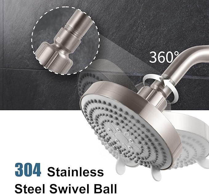 OFFO Shower Head, High Pressure Shower Head with 6 Mode, Fixed Showerheads for Strong Water Flow & Relaxing Shower Experience, Brushed Nickel