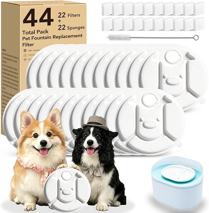 22+22 Pack Dog Water Fountain Replacement Filters Compatible with Petlibro Capsule Dog Fountain PLWF008, 12 Months Supply of Dog Water Dispenser Filter Accessories with 1 Cleaning Brush