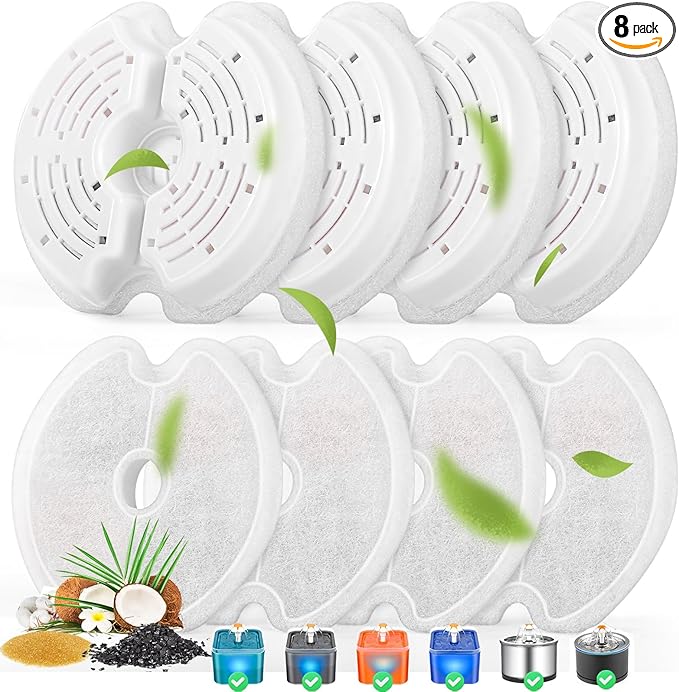 Cat Water Fountain Filters for 84oz/2.5L Stainless Steel Pet Fountain and 67oz/2.0L Plastic Cat Drinking Fountain, 8 Pack Pet Replacement Filters Set