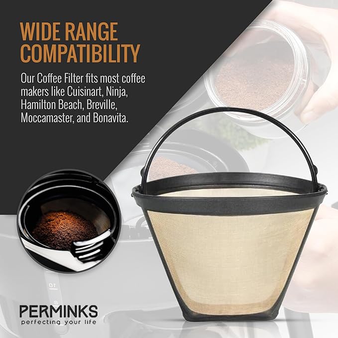 Reusable #4 Gold Tone Mesh Cone Coffee Filter Basket - Cuisinart Coffee Maker Filter Replacement for Ninja, Hamilton Beach, Breville, Moccamaster, Bonavita, Farberware, 2pcs