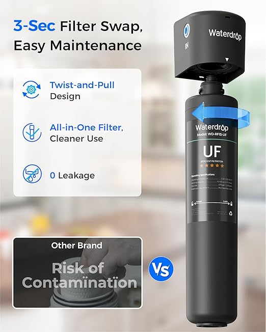 Waterdrop 15UB-UF 0.01 μm Ultra Filtration Under Sink Water Filter System, Reduces Lead, Chlorine, Bad Taste & Odor, with Dedicated Brushed Nickel Faucet, 2 Years