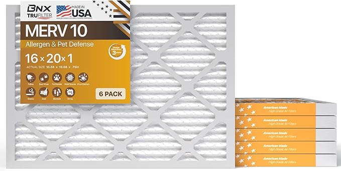 BNX TruFilter 16x20x1 MERV 10 (6-Pack) AC Furnace Air Filter - MADE IN USA - Pleated Air Conditioner HVAC AC Furnace Filters - Removes Odor, Mold, Bacteria, Smoke