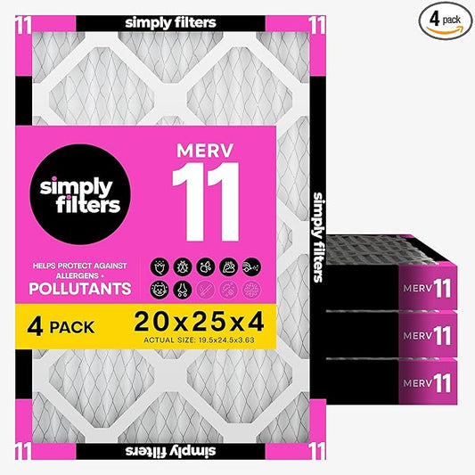 Simply 20x25x4 Air Filter, MERV 11, 4 Pack, Furnace Air Filter for HVAC (Actual Size:19.5"x24.5"x3.63") DUST, Pet, & Allergy Control