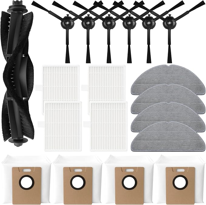 19 Pack Replacement Accessories Compatible with Tapo RV30 Max / RV30 Max Plus / RV20 Max / RV20 Max Plus Robot Vacuum 1 Roller Brush,6 Side Brushes,4 HEPA Filters,4 Mop Pads,4 Dust Bags