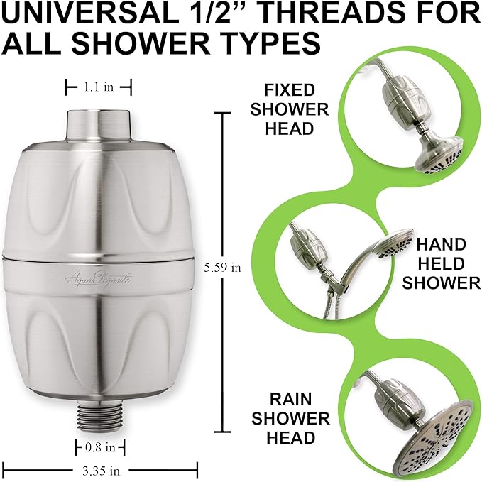Aqua Elegante Shower Water Filter - Chlorine Showerhead Filters Using Only Proven Ingredients, Universal Home Purifier And Filtered Softener System Best for Skin and Hair - Brushed Nickel