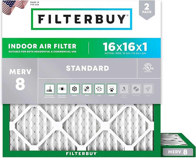 Filterbuy 16x16x1 Air Filter MERV 8 Essential Dust & Allergy Defense (2-Pack), Electrostatic Pleated HVAC AC Furnace Filters Replacement, Made in USA (Actual Size: 15.75 x 15.75 x 0.75)