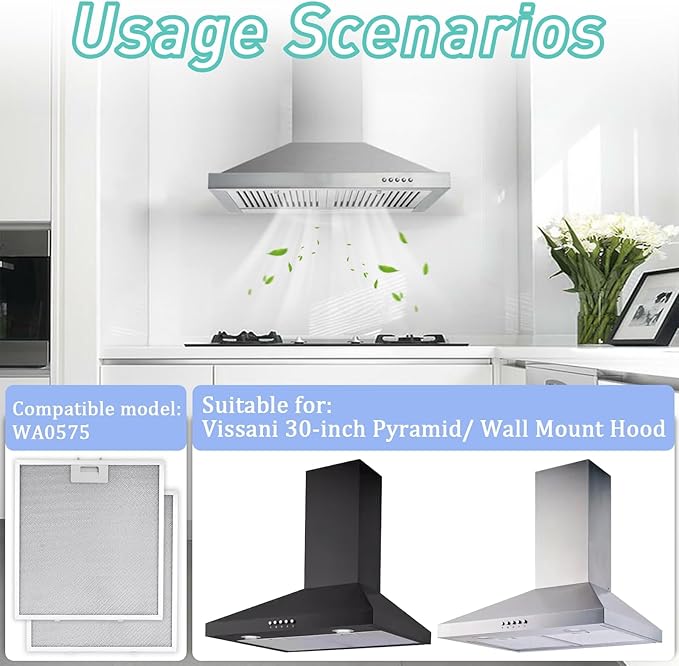 2-Pack WA0575 Range Hood Filter 14.4"x13.5"x0.35" Replacement Compatible with Vissani 30-inch Pyramid or Wall Mount Hood, 5-Layer Aluminum Mesh Grease Filter