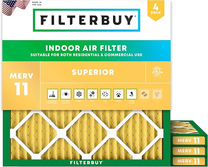 Filterbuy 19x19x1 Air Filter MERV 11 Superior Pet & Allergy Defense (4-Pack), Electrostatic Pleated HVAC AC Furnace Filters Replacement, Made in USA (Actual Size: 19.00 x 19.00 x 0.75)