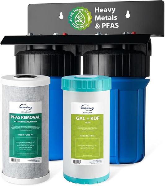 iSpring PFAS & Heavy Metals Whole House Water Filter System, SGS-Tested to Reduce 99% PFAS, 2-Stage Filtration Removes Lead, Heavy Metals, Chlorine, Sediment & Odor, 1” Inlet/Outlet Model: WGB21B-PFKS