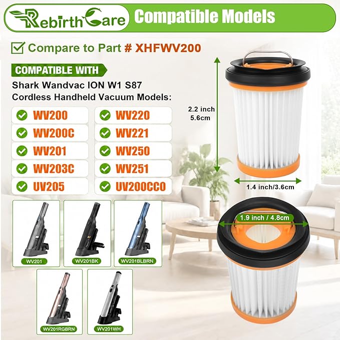 12 Pack WV201 Filter Replacement for Shark Wandvac ION W1 S87 Cordless Handheld Vacuum, Compatible with WV200, WV201, WV205, WV220, WV201BK, Compare to Part # XHFWV200