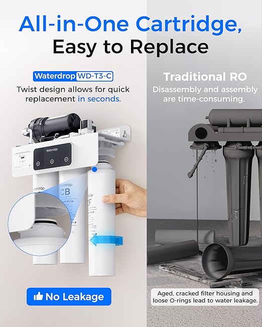 Waterdrop T3-C Reverse Osmosis Water Filter, NSF/ANSI 372 Certified, 8-Stage Under Sink RO Water Filter, 450 GPD Tankless Water Filtration System, 2:1 Pure to Drain, BPA Free, Plug-in Required