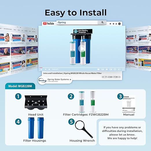 iSpring Iron, Mangaese Whole House Water Filter System Also Eliminates Chlorine, Taste, and Odor, 2-Stage Commercial-Grade 20" x 4.5" Industry Standard-Sized Filters, 1" Inlet/Outlet, Model: WGB22BM