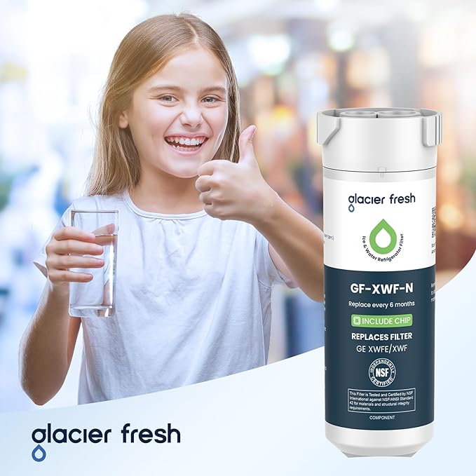 GLACIER FRESH Water Filter Compatible with XWFE (Built-in CHIP), Replacement for GE XWFE, XWF Refrigerator Water Filter NSF/ANSI 42 Certification Pack of 3
