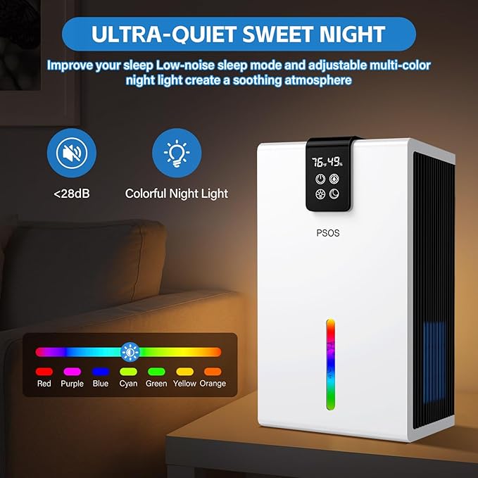 PSOS Dehumidifier, Dehumidifiers for Home, 98OZ Water Tank, (1000 sq.ft) Quiet Dehumidifier for Basement Bathroom Bedroom with Humidity Display, Relaxing 7 Color Ambient Light, Auto Shut Off(White)