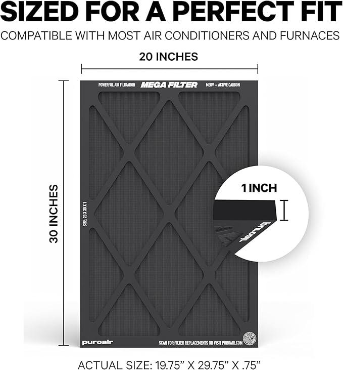 PuroAir MegaFilter - 20x30x1 Air Filter MERV 13 Activated CarbonTech Defense - Heavy Duty 3 Layer Furnace Filters Allergens, Pollen, Dust, Pet Dander, Smoke, Odors - HVAC Air Filter 20x30x1 (2-Pack)