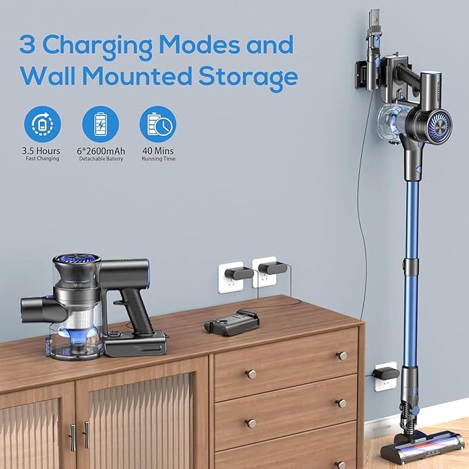 MBTTODF Cordless Vacuum Cleaner, Stick Vacuum Cordless Rechargeable with Power Suction, Up to 40-Min Runtime, Lightweight Vacuum Cleaners for Home, Hardwood Floor,Pet Hair,Carpets,Tile(Blue)