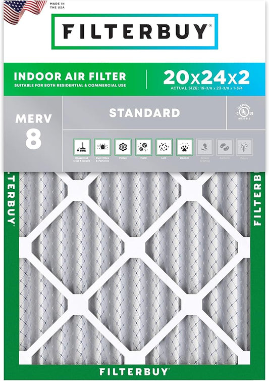 Filterbuy 20x24x2 Air Filter MERV 8 Essential Dust & Allergy Defense (1-Pack), Electrostatic Pleated HVAC AC Furnace Filters Replacement, Made in USA (Actual Size: 19.38 x 23.38 x 1.75)