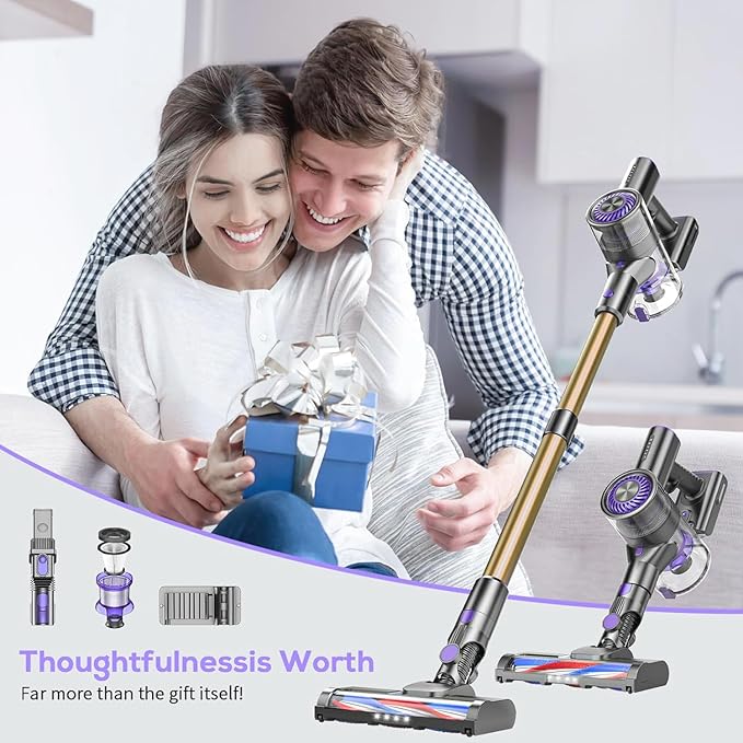 MBTTODF Cordless Vacuum Cleaner for Home & Pet Hair – Lightweight Stick Vacuum with 40-Min Runtime, Anti-Tangle Brush & LED Headlight, for Hardwood, Carpet & Tile(Yellow-Purple)