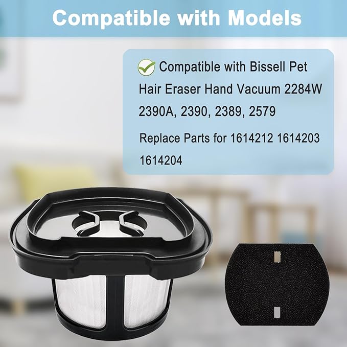 2284w Vacuum Filter Replacement for Bissell Pet Hair Eraser Hand Vacuum 2284W, 2390A, 2390, 2389, 2579, Part # 1614212, 1614203, 1614204, 6 Vacuum Filters, 6 Foam Filters