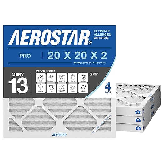 Aerostar 20x20x2 MERV 13 Air Filter, 4 Pack Set of HVAC Furnace Filters, Electrostatic MPR 1500-1900 & FPR 10 (Actual Size: 19 1/2 x 19 1/2 x 1 3/4 inches)