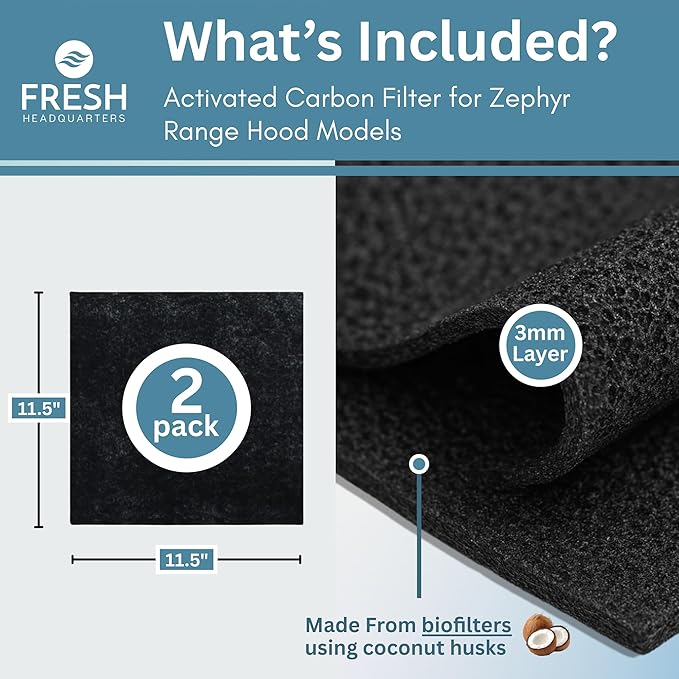 Fresh Headquarters Activated Charcoal Filter For Range Hood - Premium Carbon Filter 11.5" x 11.5" Range Hood Filters Replacement for Zephyr Models - For Odor & Grease Control - 2-pack