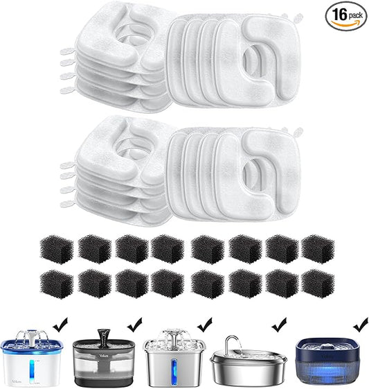 Veken Cat Water Fountain Filters, 16 Pack Replacement Filters & 16 Pack Replacement Pre-Filter Sponges Set for 50oz, 84oz, 95oz or 108oz Automatic Pet Fountain Dog Water Dispenser