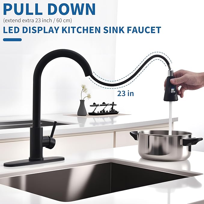 HOMELODY LED Temperature Display Black Kitchen Faucet with Pull Down Sprayer - Matte Black Single Handle Kitchen Sink Faucet, High Arc 304 Stainless Steel Design for RV Laundry Farmhouse Bar