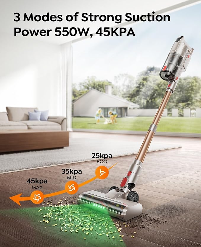 Cordless Vacuum Cleaner, 550W 45KPA 50Mins Rechargeable Battery, Stick Cordless Vacuum with Bendable Wand, Anti-tangle Brush, Extended Foldable to 90°, Handheld Vacuum Cleaner for Home/Pet Hair/Floors
