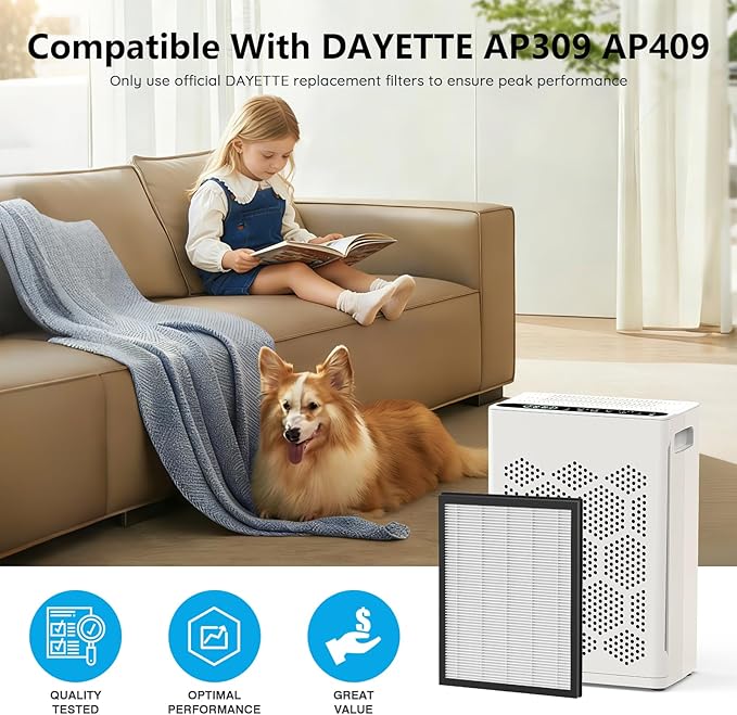 DAYETTE H14 Replacement Filter Compatible AP309/409 Air Purifiers, 4-in-1 H14 Grade True HEPA High-Efficiency Activated Carbon, Original Filter, 1 Pack