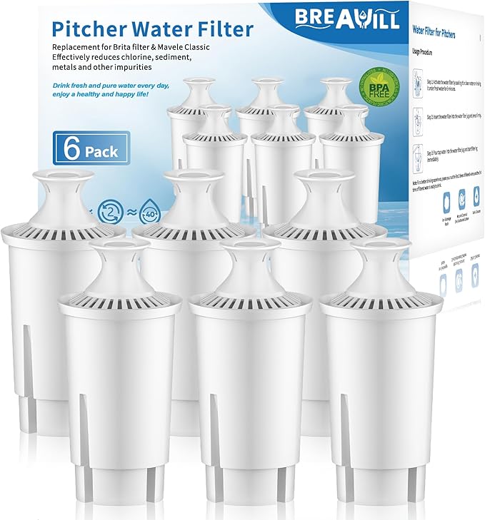 BREAUILL Water Filter Replacement Compatible With Brita® Filter, Classic, OB03, Mavea® 10700, 35557, Water Pitcher Filter by BREAUILL, NSF Certified Pitcher Water Filter (6PCS, Classic Style)