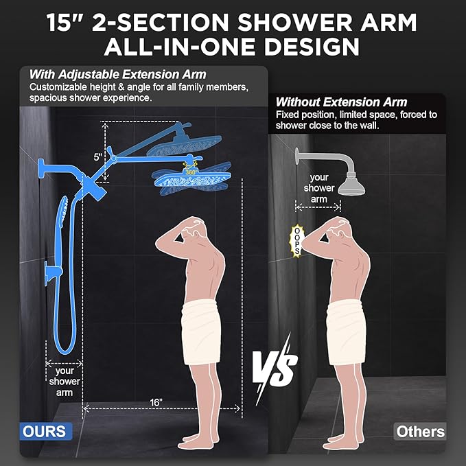 Veken 11.8" Rain Shower Head with Handheld, High Pressure Handheld Shower with Multi Spray Modes, Rainfall Combo with 15" Metal Extension Arm, Detachable Dual Shower, Bathroom Decor, Gunmetal Gray