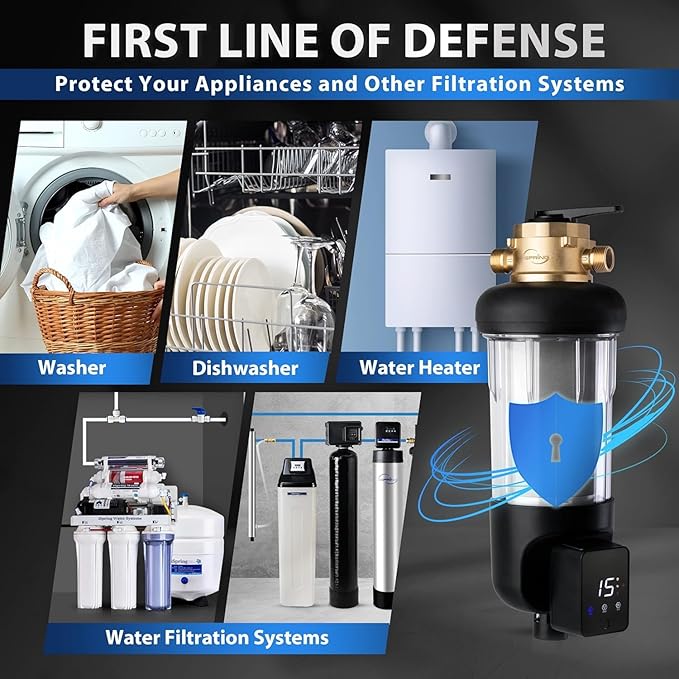 iSpring WSP500ARJ-BP Whole House Water Filter System Prefilter, Auto Flushing Spin Down Sediment Filter for Well Water, Integrated Bypass, 4-Mode Touch-Screen, Reusable, Jumbo Size, 500 Micron