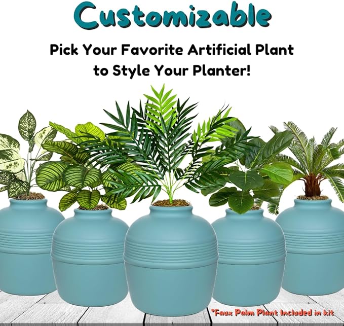 Good Pet Stuff Hidden Litter Box Planter, Decorative Cat Litter Enclosure with Carbon Filter & Faux Plant, Made in USA, Odor Control, Improved Design, NEW Round Style, Base Kit, Coastal Blue