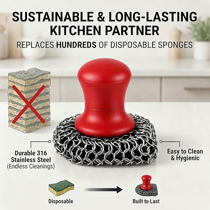 Cast Iron Scrubber and Scraper | 316 Chainmail Scrubber for Cast Iron Pan Skillet Cleaner | Chain Mail Scrubber for Dishes Pots Wok Griddle Grill | Dish Scouring Pad Dishwasher Safe, Red 01