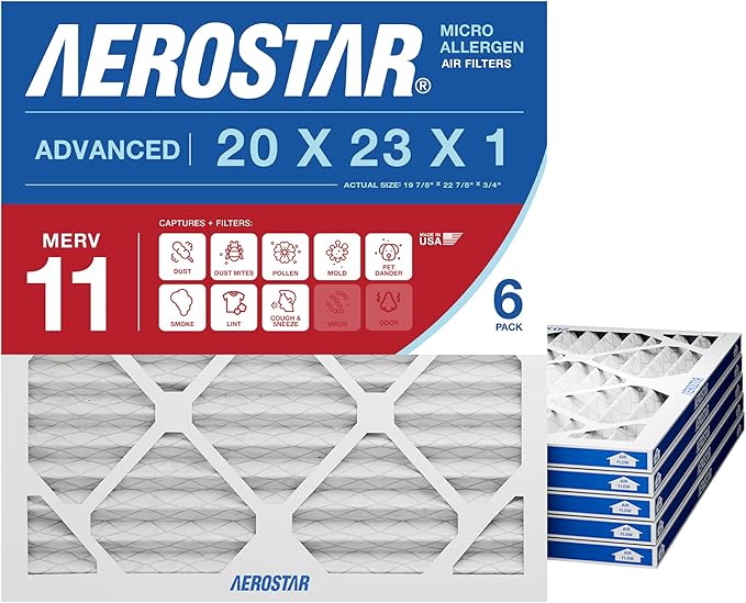 Aerostar 20x23x1 MERV 11 Pleated Air Filter, 6 Pack, AC Furnace Filters, HVAC Filter, Air Conditioner Filters, Heater Filters Replacement for Home (Actual Size: 19.875x22.875x0.75)