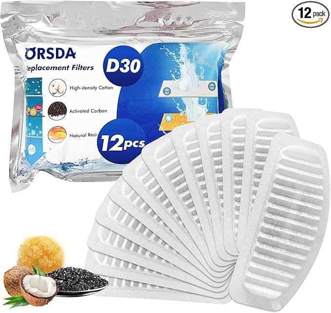 ORSDA Cat Water Fountain Filters, Replacement Carbon, Resin Filter ONLY for D30 67oz/2L Automatic Cat Fountain Dog Water Dispenser, 4 Filtration System (12PCS Filters）